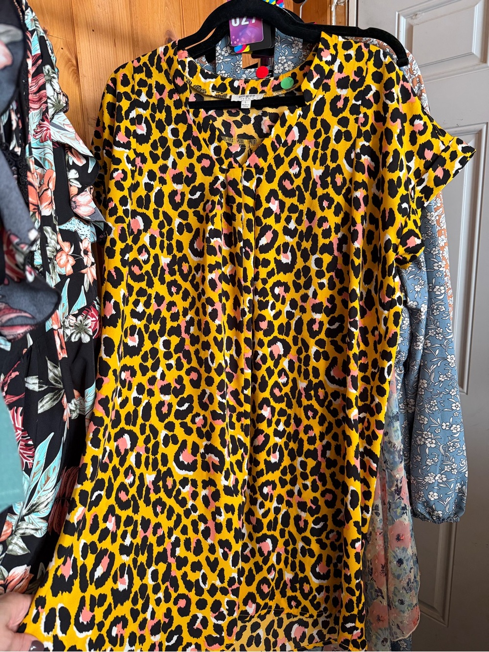 Umgee Yellow, Black & Pink Leopard Print Blouse